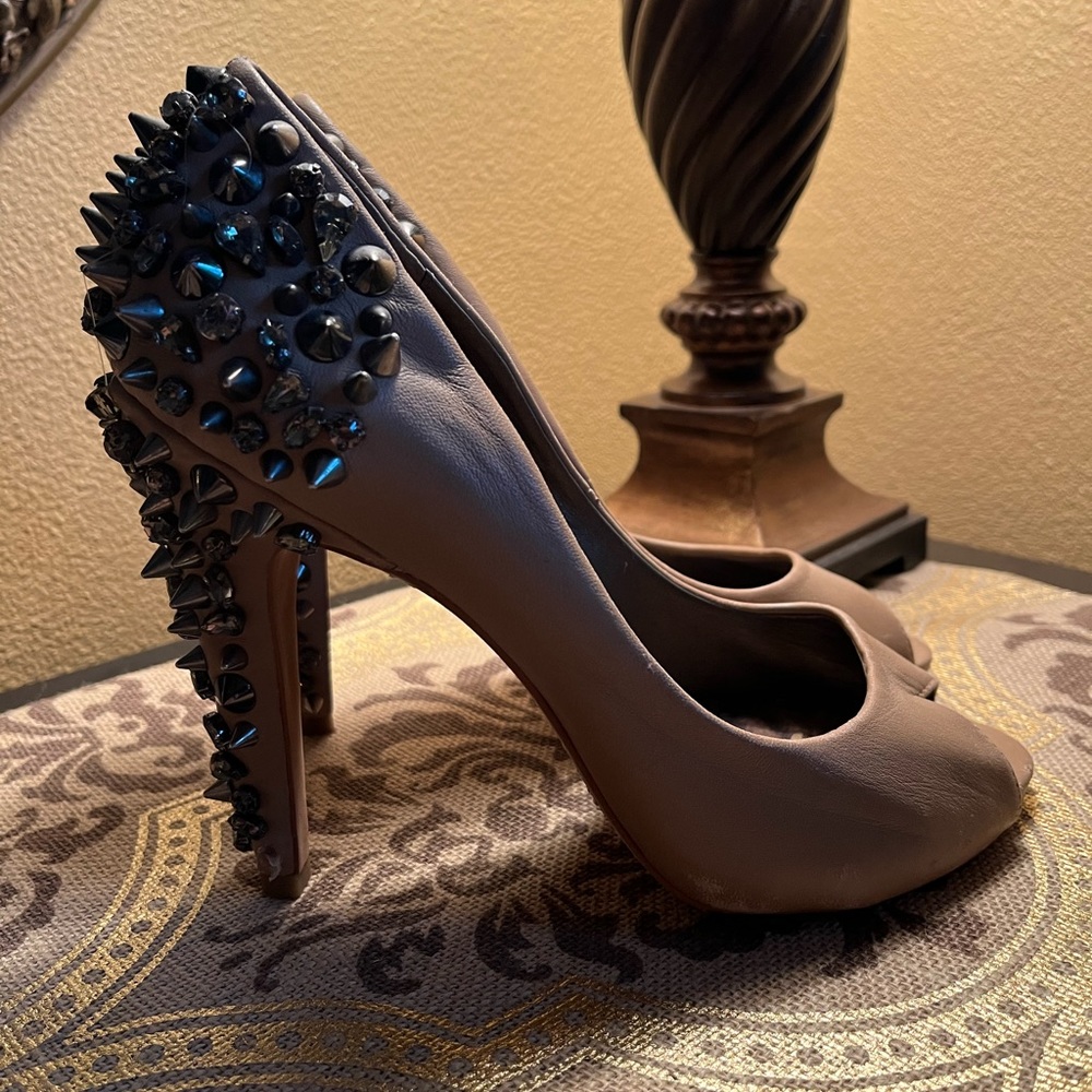 Stud Alert!!  Sam Edelman Larissa studded peep toe beige heels.
